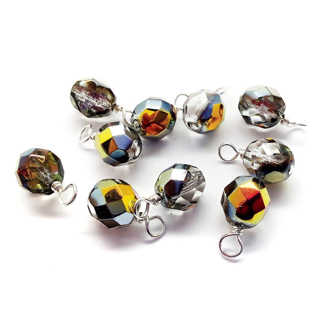 Marea Fire-Polished Dangle Charms, 8mm AB Finish Czech Glass Beads, Set of 10 charms, Adorabilities